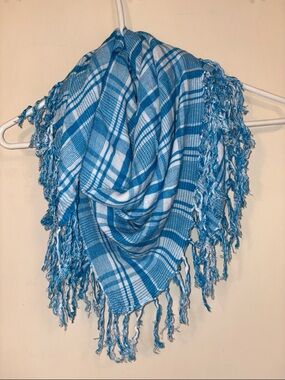 Sky Blue Plaid Square Scarf with Fringe